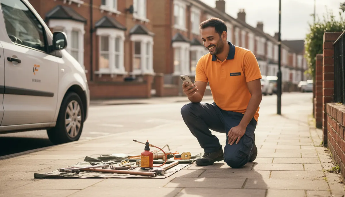 British-Asian plumber on a UK job site checking a business notification on his smartphone British-Asian plumber on a UK job site checking a business notification on his smartphone
