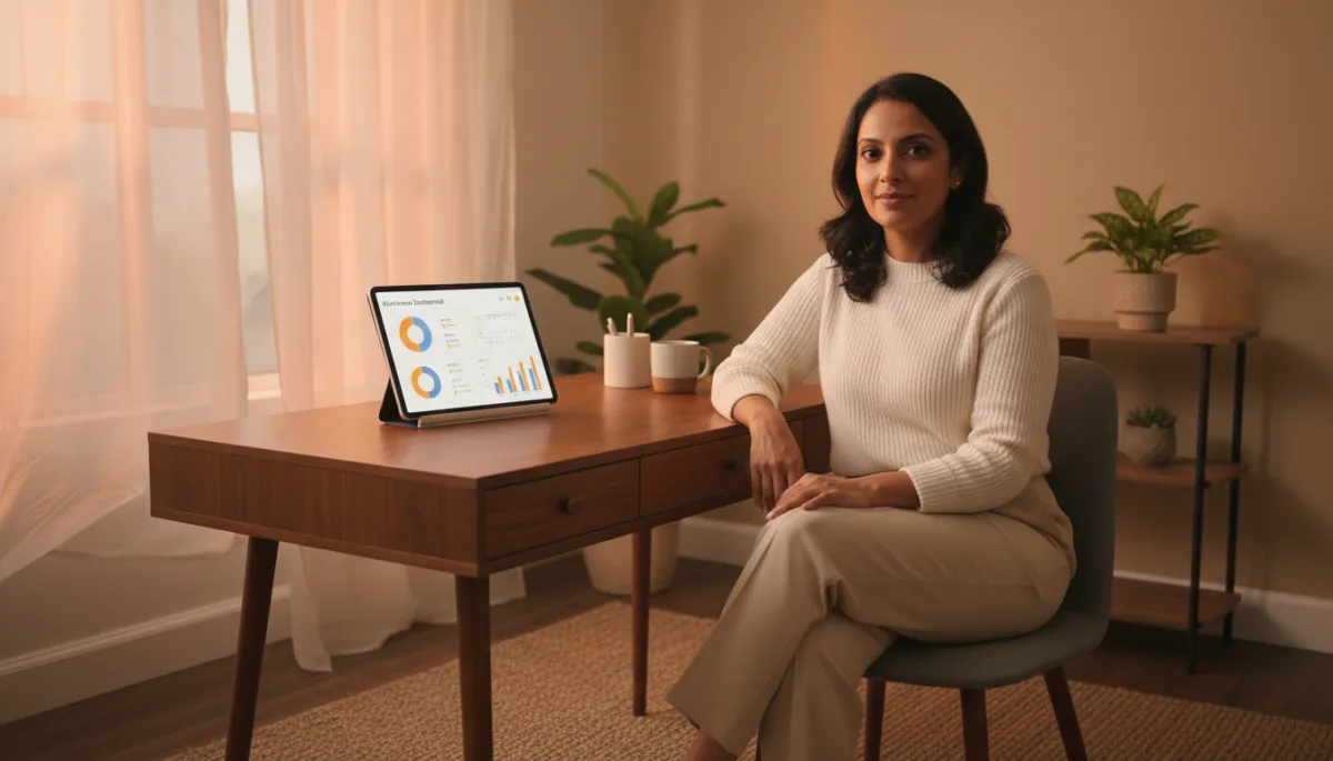 Confident South Asian UK business woman at a desk reviewing an all-in-one business dashboard on a tablet Confident South Asian UK business woman at a desk reviewing an all-in-one business dashboard on a tablet