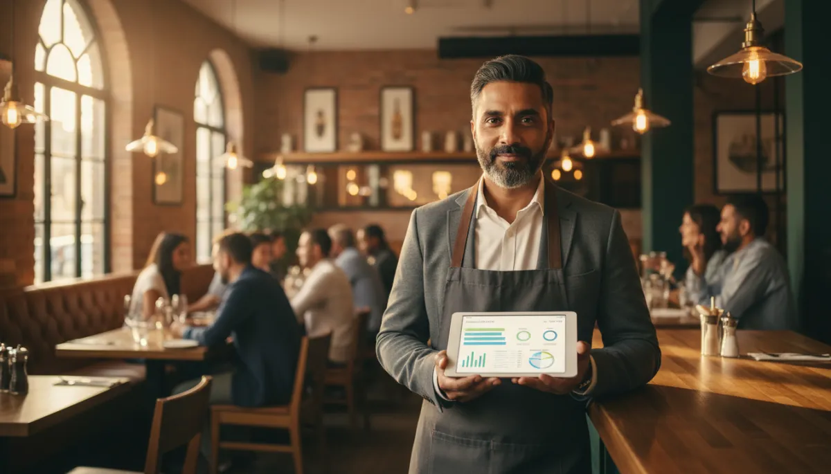 photorealistic scene of a confident South Asian or Nepali-heritage UK small business owner, a man in his 40s, standing at the counter of a warm, busy UK restaurant, reviewing a clean unified all-in-one business dashboard on a tablet; soft amber daylight, natural ambient lighting, customers blurred in background, authentic and empowering mood, modern yet cosy UK interior photorealistic scene of a confident South Asian or Nepali-heritage UK small business owner, a man in his 40s, standing at the counter of a warm, busy UK restaurant, reviewing a clean unified all-in-one business dashboard on a tablet; soft amber daylight, natural ambient lighting, customers blurred in background, authentic and empowering mood, modern yet cosy UK interior
