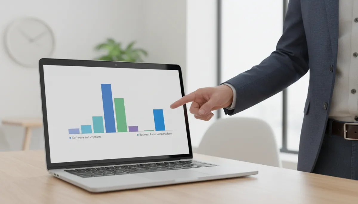 professional neutral-style bar chart on a laptop screen comparing higher stacked costs of multiple software subscriptions versus a single lower bar for one business automation platform, small business owner pointing at the lower cost bar professional neutral-style bar chart on a laptop screen comparing higher stacked costs of multiple software subscriptions versus a single lower bar for one business automation platform, small business owner pointing at the lower cost bar