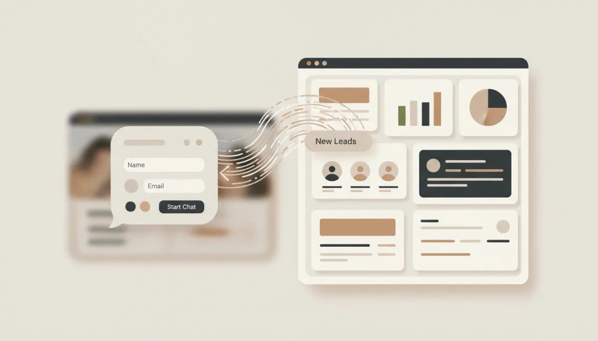 AI chat widget capturing visitor details and syncing leads into a CRM dashboard