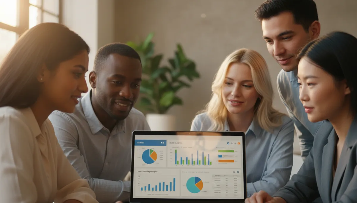 Small business team in Augusta reviewing AI-powered marketing analytics on a laptop in a photorealistic neutral setting