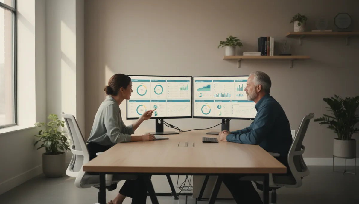 Augusta business owner and agency strategist reviewing AI marketing analytics in a modern office