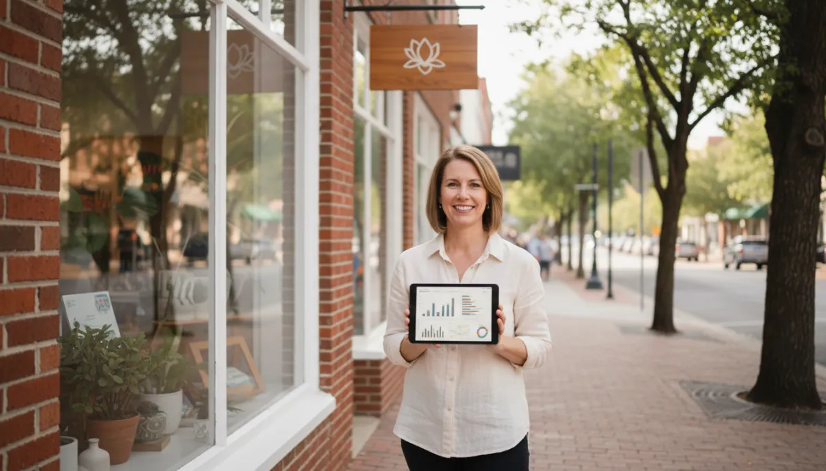 Photorealistic view of an Augusta small business owner reviewing online analytics outside their shop