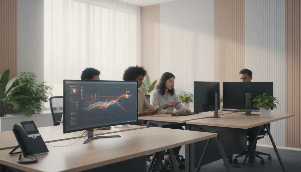Modern office with staff working and phone system integrated with call-answering software