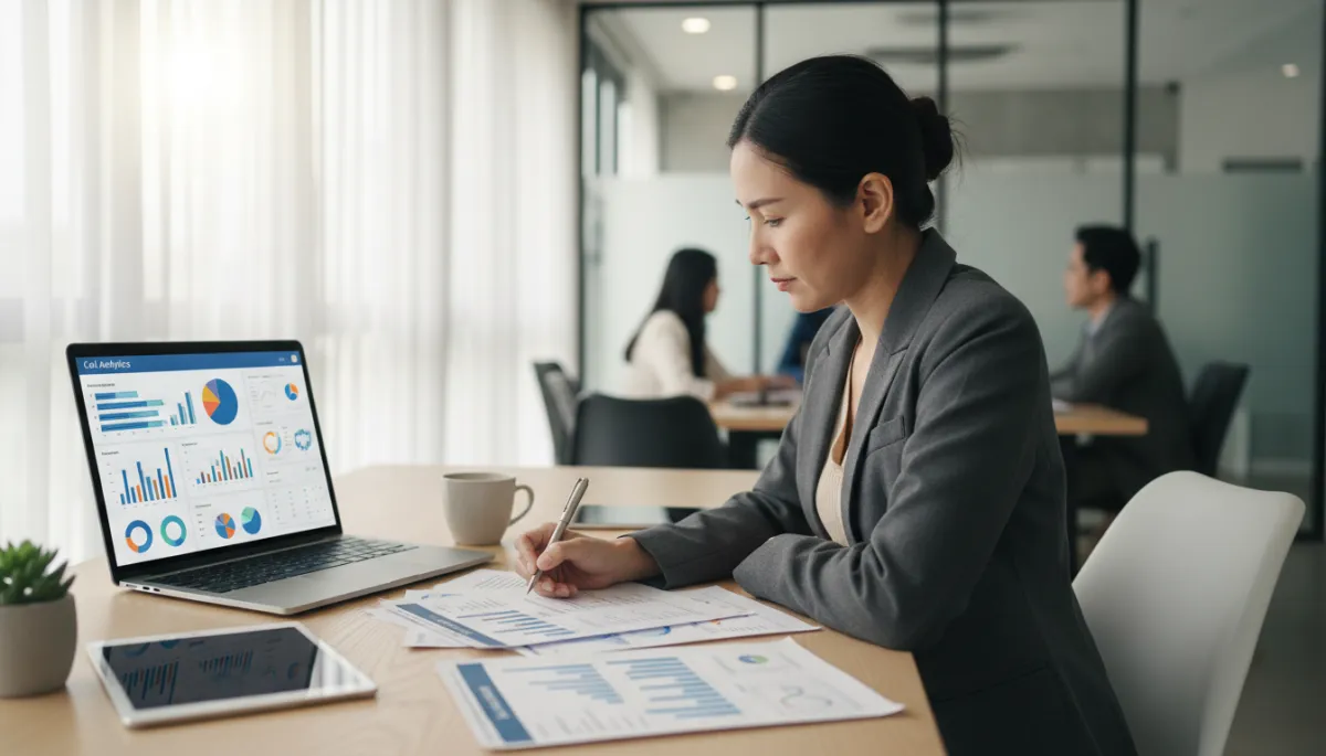 Business owner reviewing lead reports and customer inquiry data at a desk