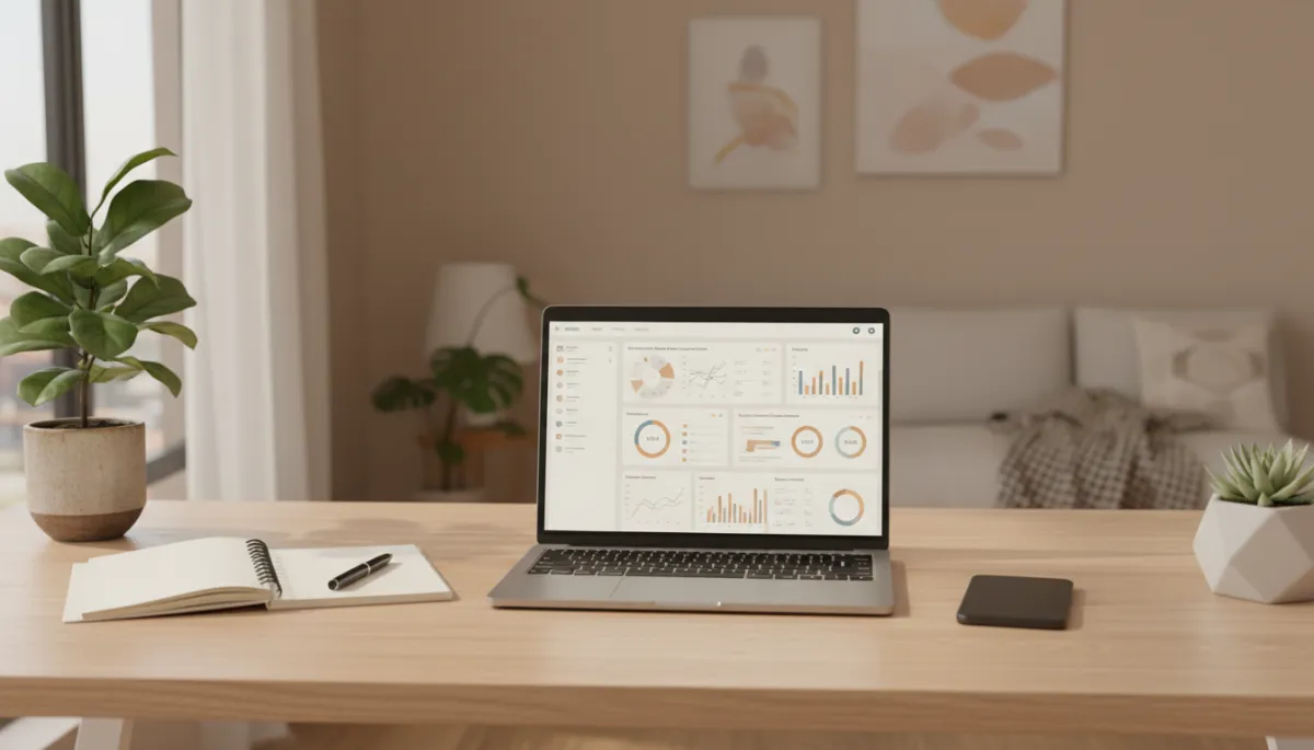 Modern workspace with digital marketing dashboards and analytics on a laptop