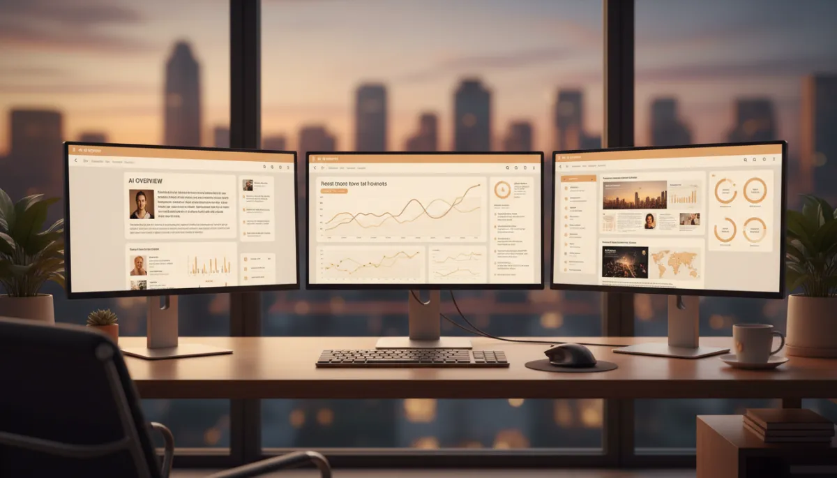 AI-powered search results and AI Overviews on multiple computer monitors