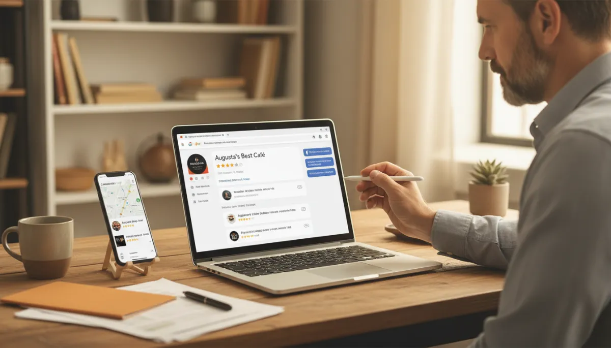Augusta business owner reviewing online profiles and customer reviews on a laptop