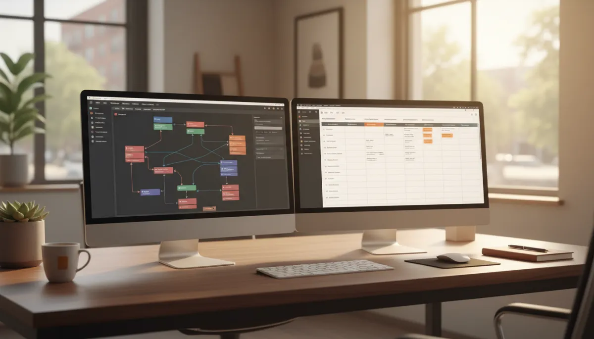 Dual-monitor workstation in Augusta showing marketing automation workflows and scheduled campaigns
