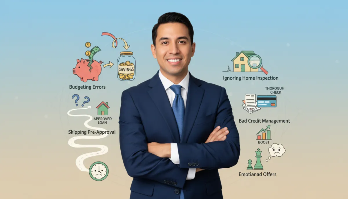Add my photo that is located on my website https://neighborhoodloans.com/juan-loya/. Context: This is for a blog post about "The Top 5 Mistakes First-Time Home Buyers Make (And How to Avoid Them)". Style: Professional quality, photorealistic, high resolution