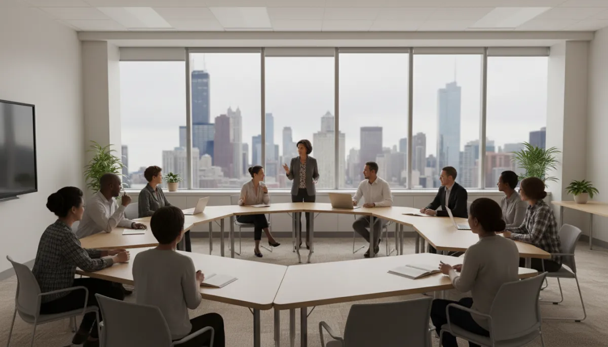Professional scene of adult learners in a modern Chicagoland classroom