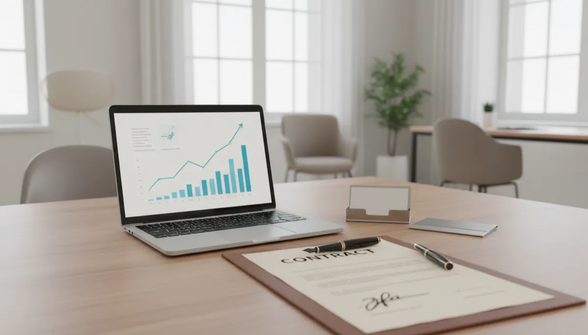 scena professionale, stile fotografico professionale, tavolo di lavoro con laptop aperto su dashboard di campagne, grafici di conversione in crescita e contratto firmato in primo piano, ambiente ufficio dai colori neutri