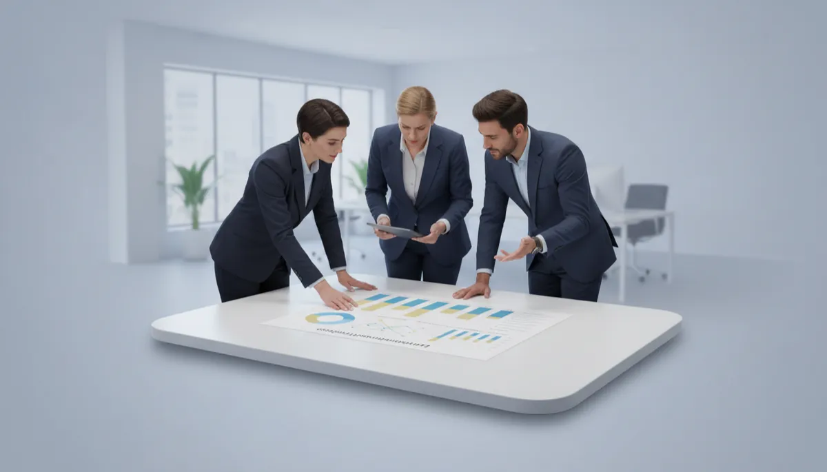 professional neutral office setting where a team reviews a printed performance report with tables and charts showing improved lead-to-close ratios and appointment volumes, calm colors, business attire professional neutral office setting where a team reviews a printed performance report with tables and charts showing improved lead-to-close ratios and appointment volumes, calm colors, business attire