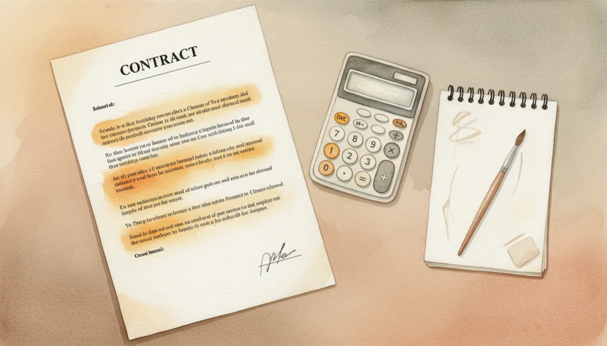 Contratto con clausole chiave evidenziate accanto a calcolatrice e blocco note Contratto con clausole chiave evidenziate accanto a calcolatrice e blocco note
