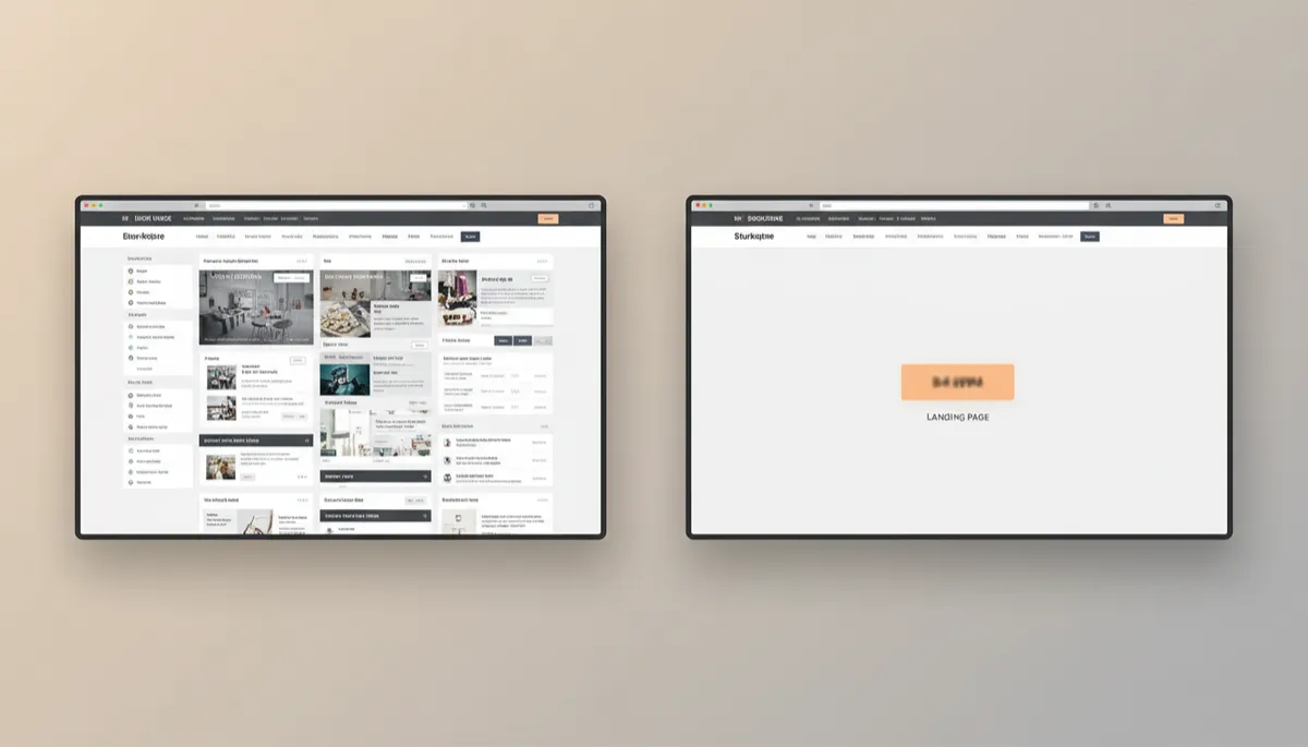 Confronto tra homepage dispersiva e landing page focalizzata in stile professionale Confronto tra homepage dispersiva e landing page focalizzata in stile professionale