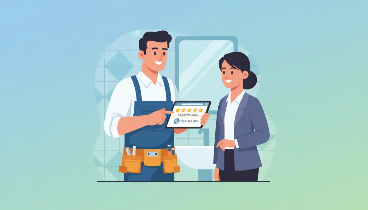Idraulico che mostra al cliente il proprio sito web con recensioni e contatti in evidenza Idraulico che mostra al cliente il proprio sito web con recensioni e contatti in evidenza