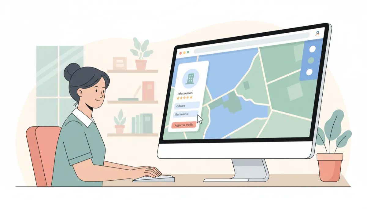 Imprenditore locale che ottimizza la scheda Google Business Profile al computer in stile professionale Imprenditore locale che ottimizza la scheda Google Business Profile al computer in stile professionale