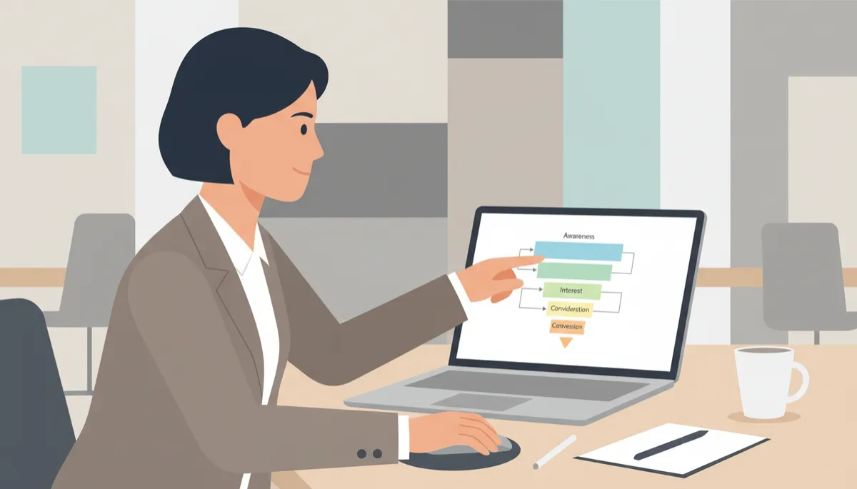 Project manager che illustra un funnel di marketing strutturato su un laptop Project manager che illustra un funnel di marketing strutturato su un laptop