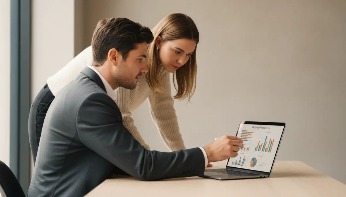 Consulente e piccolo imprenditore che analizzano i numeri delle campagne marketing Consulente e piccolo imprenditore che analizzano i numeri delle campagne marketing
