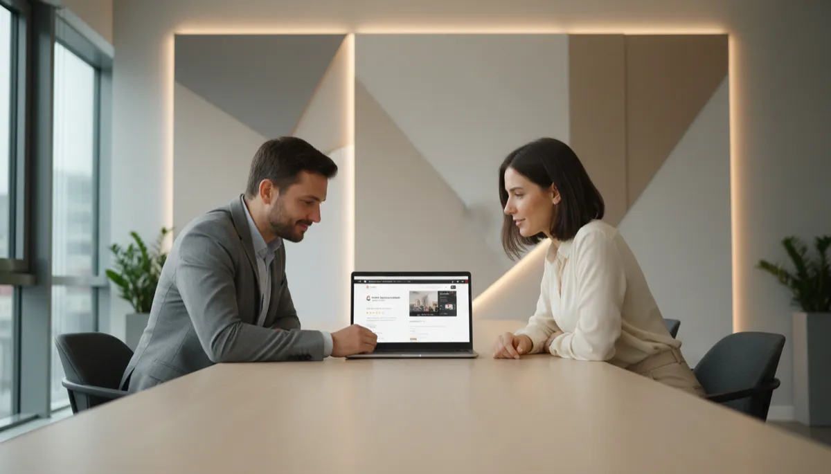 Imprenditore che ottimizza sito web e scheda Google Business con un consulente Imprenditore che ottimizza sito web e scheda Google Business con un consulente