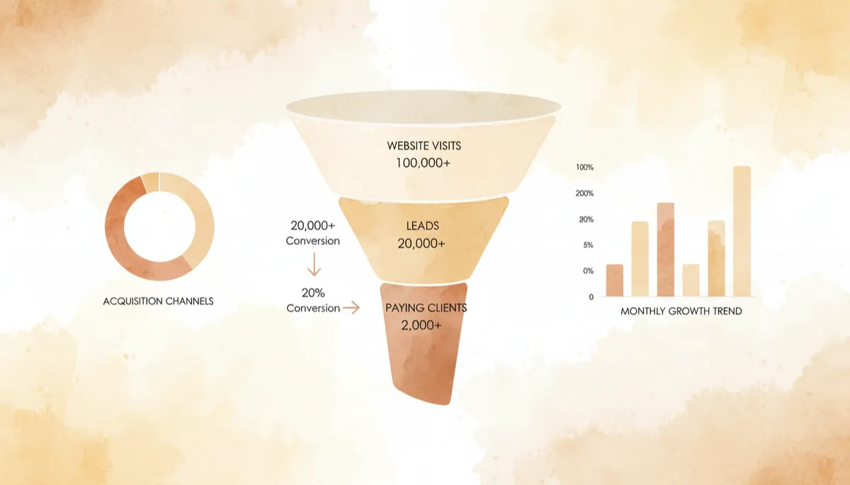 Dashboard professionale che mostra il funnel di acquisizione clienti con numeri e tassi di conversione Dashboard professionale che mostra il funnel di acquisizione clienti con numeri e tassi di conversione