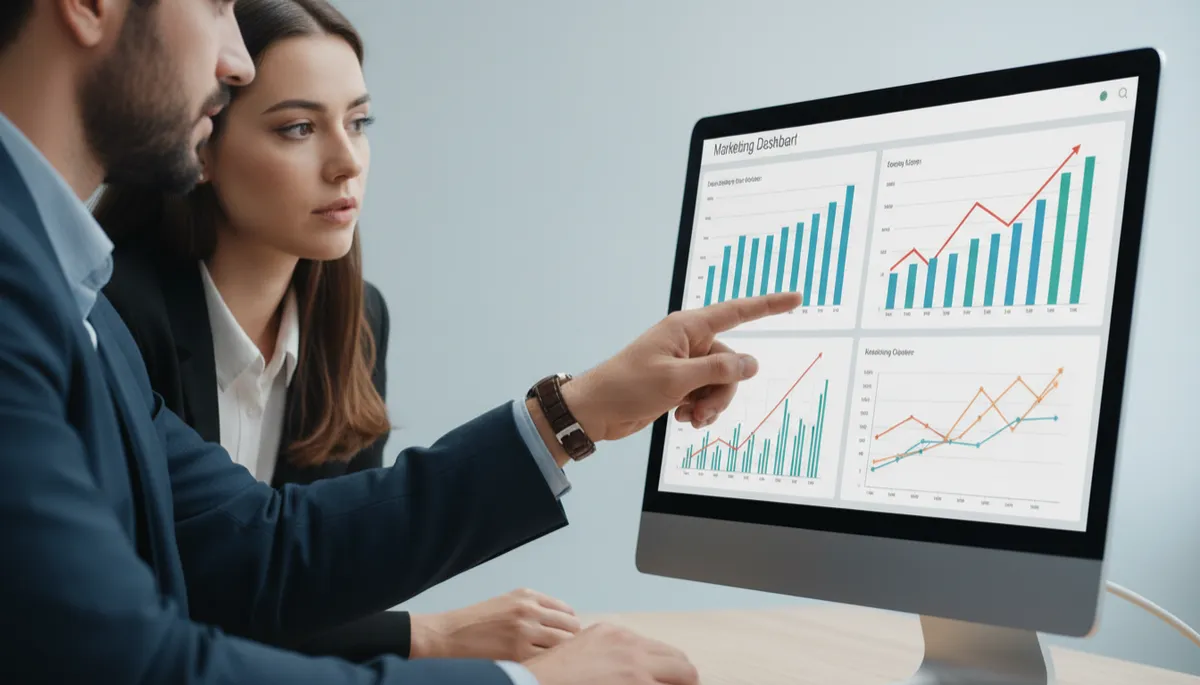 Dashboard professionale con grafici di marketing e risultati di campagne analizzati da consulente e imprenditore