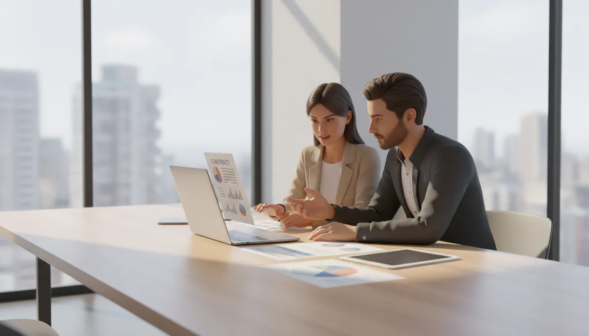 Imprenditore e consulente di marketing che analizzano insieme dati e contratto dei risultati garantiti