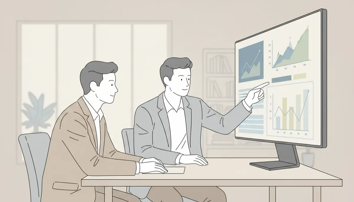 Consulente marketing che analizza i dati di acquisizione clienti con un imprenditore