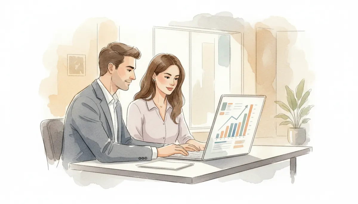 Imprenditore e consulente che analizzano i dati di acquisizione clienti su una dashboard Imprenditore e consulente che analizzano i dati di acquisizione clienti su una dashboard
