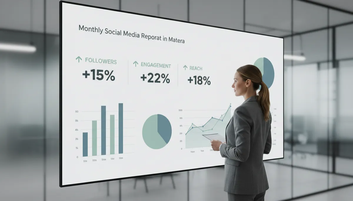 Analisi mensile delle performance delle pagine social di un’impresa di Matera con grafici e indicatori chiari