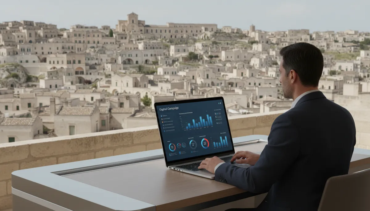 Imprenditore di Matera che analizza i risultati delle campagne digitali su laptop