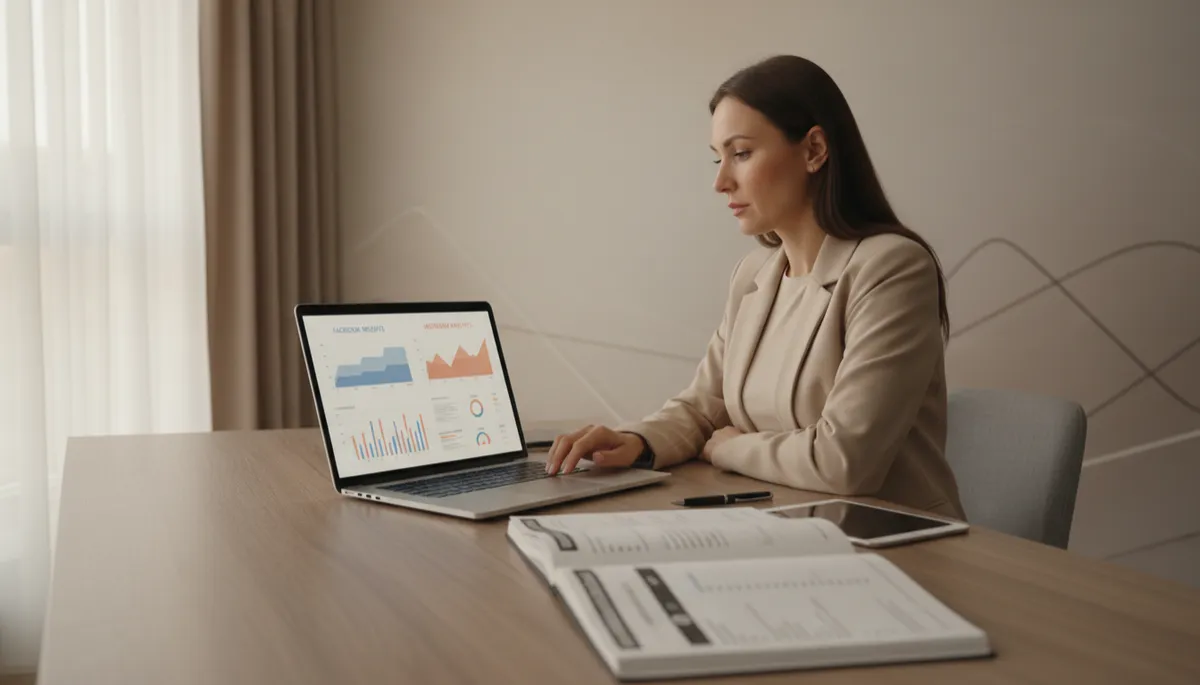 scena professionale in studio marketing, analista che confronta su un laptop le statistiche di Facebook e Instagram con un piano editoriale stampato accanto, stile fotografico professionale, colori neutri