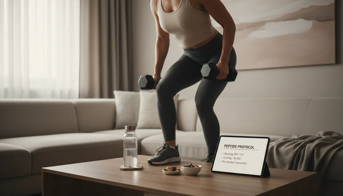 Person combining strength training, hydration, and nutrition while following a peptide plan