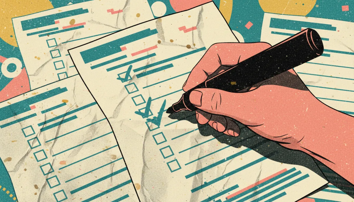 Grunge distressed pop retro style illustration of beneficiary designation forms being completed