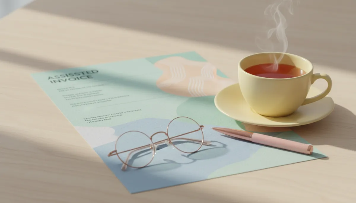 Detailed assisted living invoice with reading glasses and a cup of tea on a table