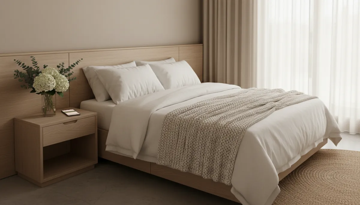 Warm neutral bedroom with soft details and a glowing phone on the nightstand