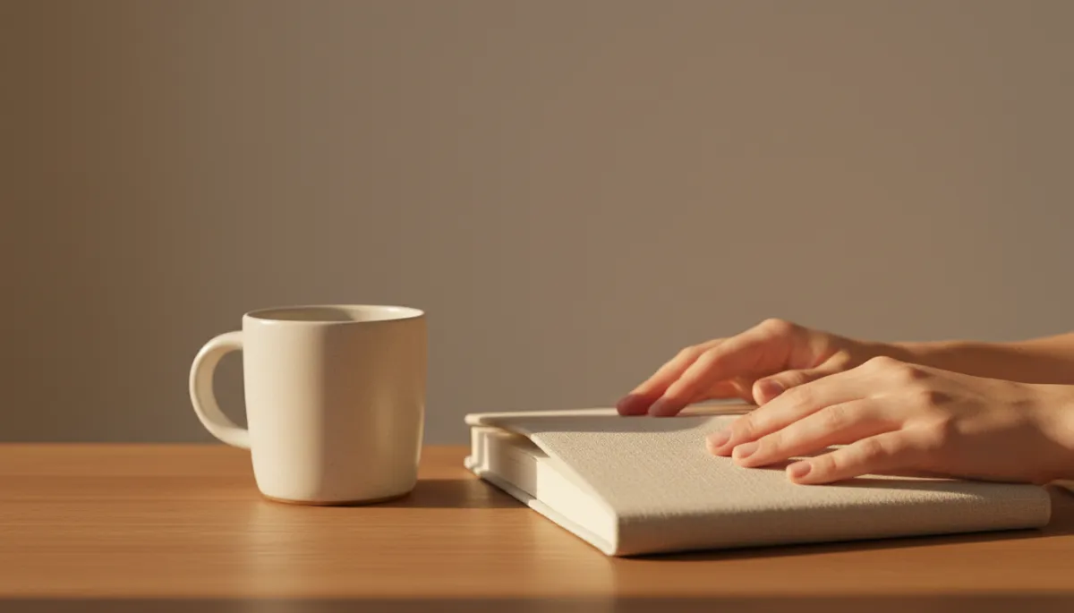 Hands resting on a notebook beside a mug in a warm neutral setting