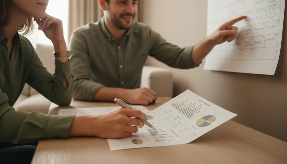 Two people reviewing a printed financial plan and calendar together
