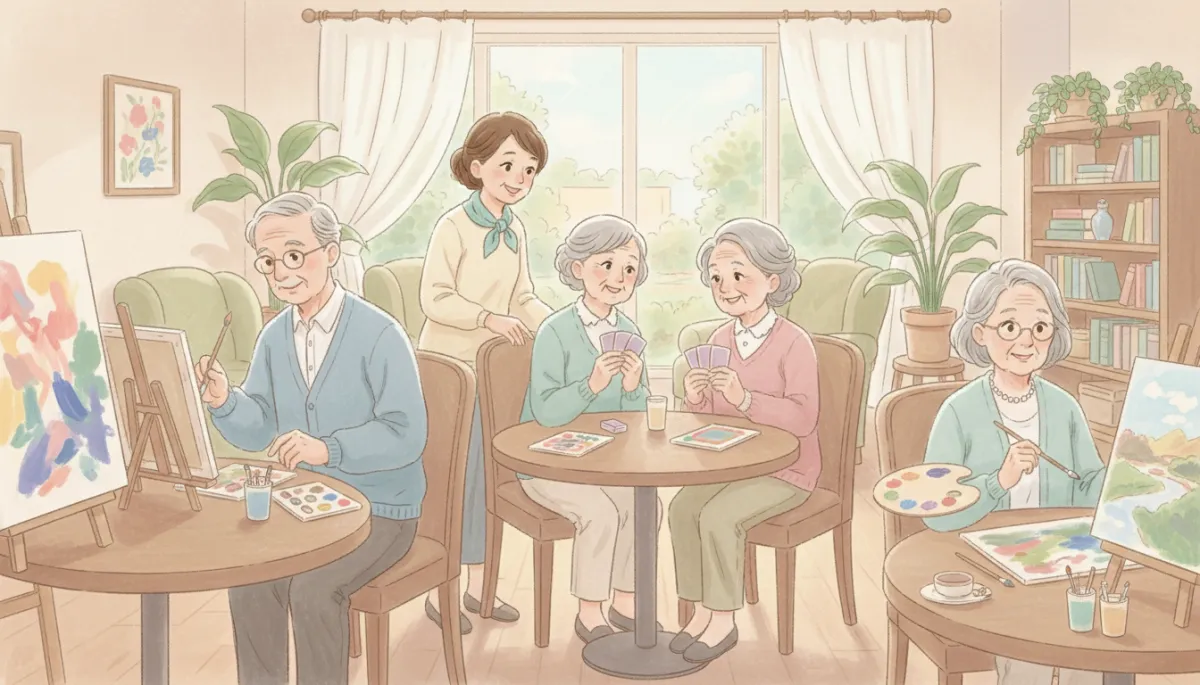 Illustrated assisted living community with seniors socializing and staff supporting