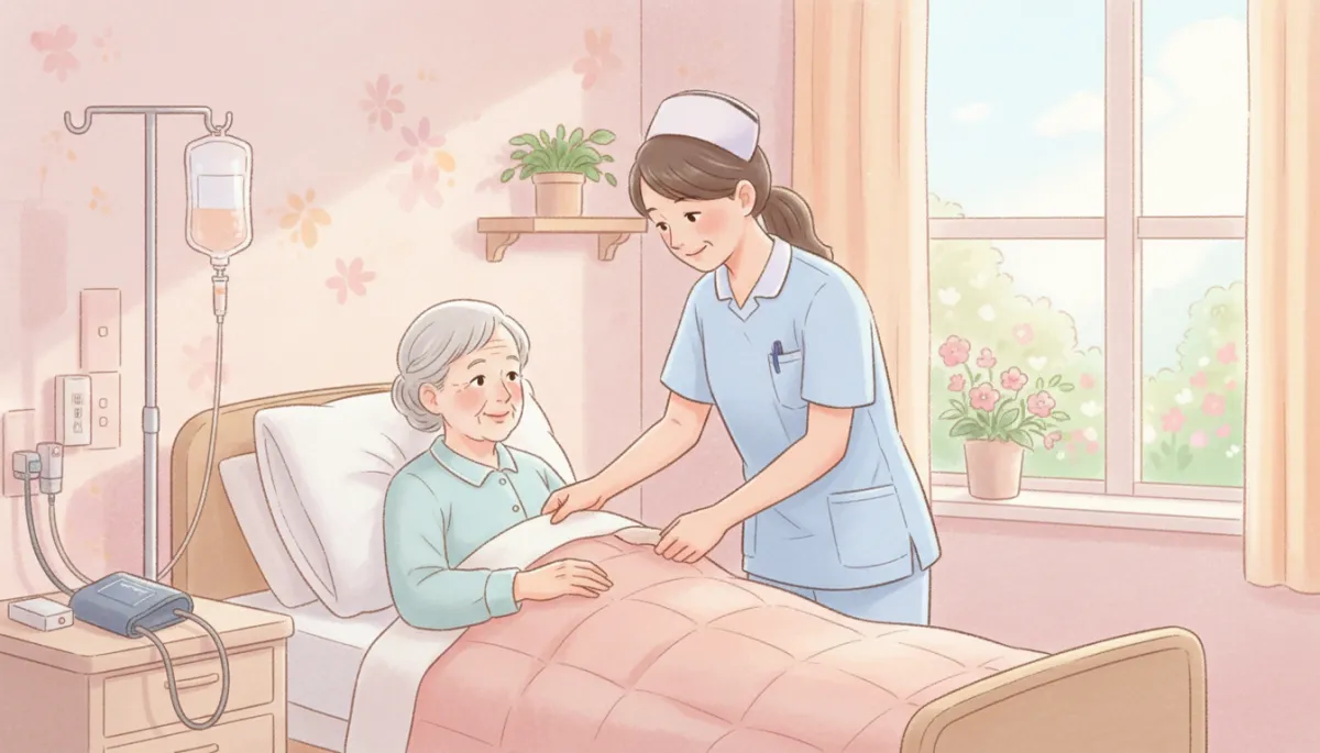 Illustrated nursing home scene with nurse providing close medical care