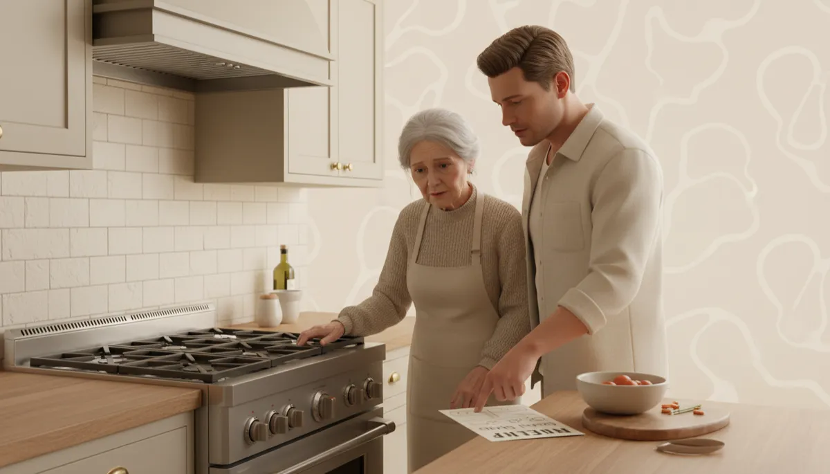 Adult child helping an elderly parent with cooking in a cozy kitchen