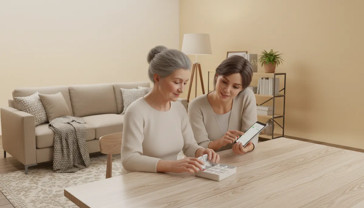 Adult child helping an elderly parent organize medications