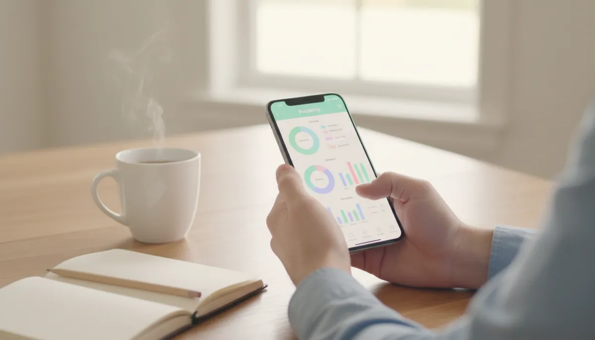 Person reviewing a budgeting app and notes in a calm pastel setting