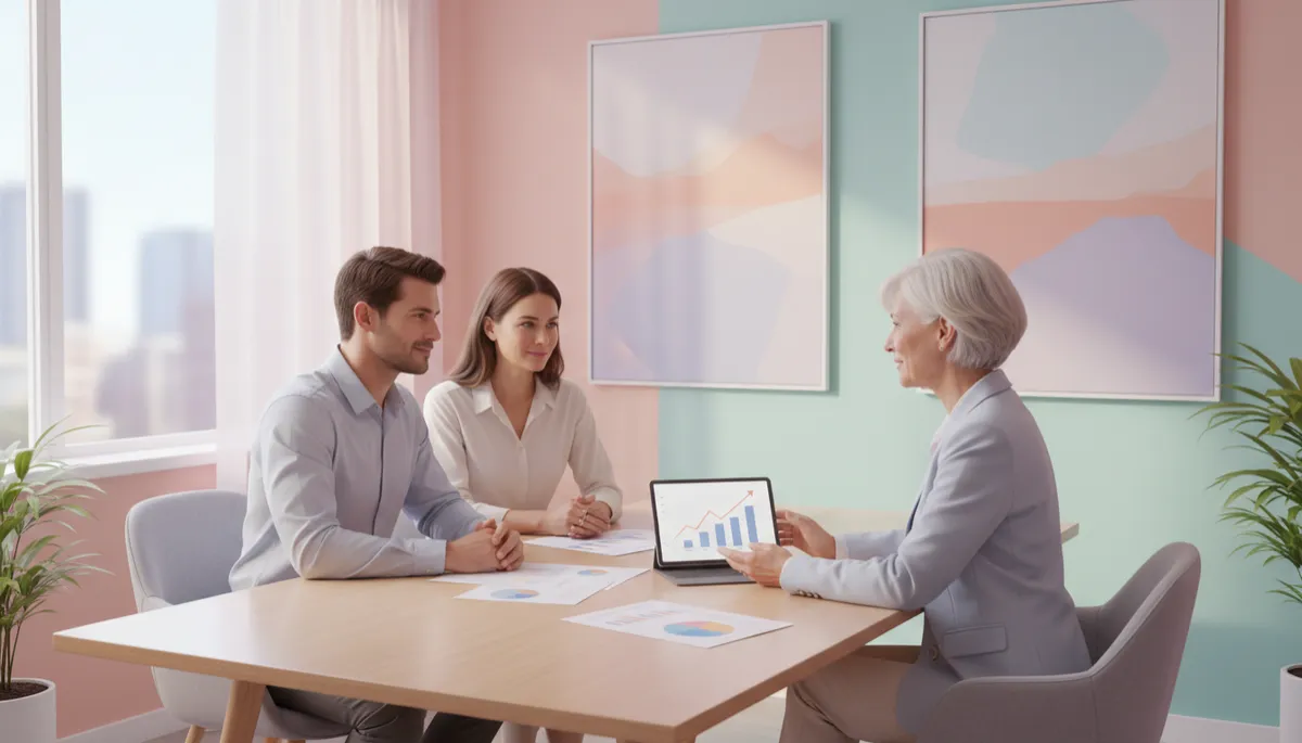 Couple discussing savings and investments with a financial advisor in a pastel office