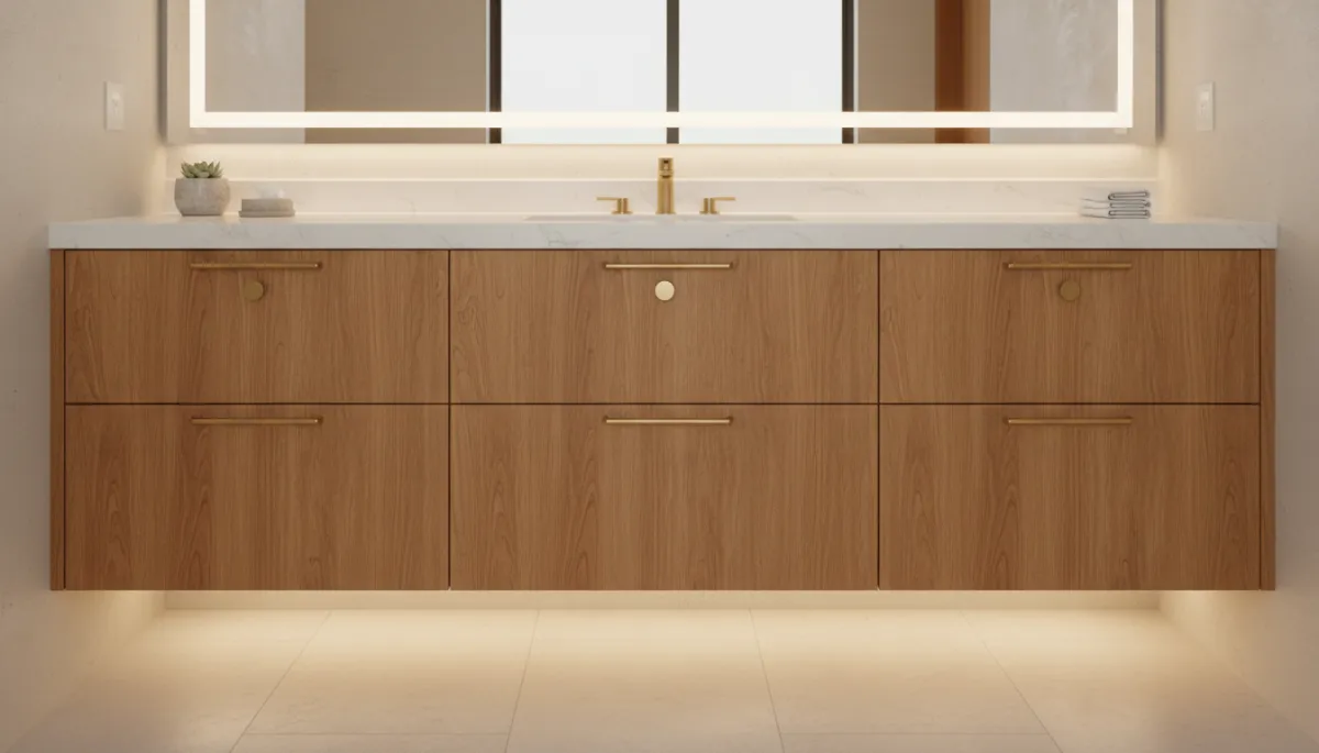 Custom luxury vanity with fine woodwork and soft lighting