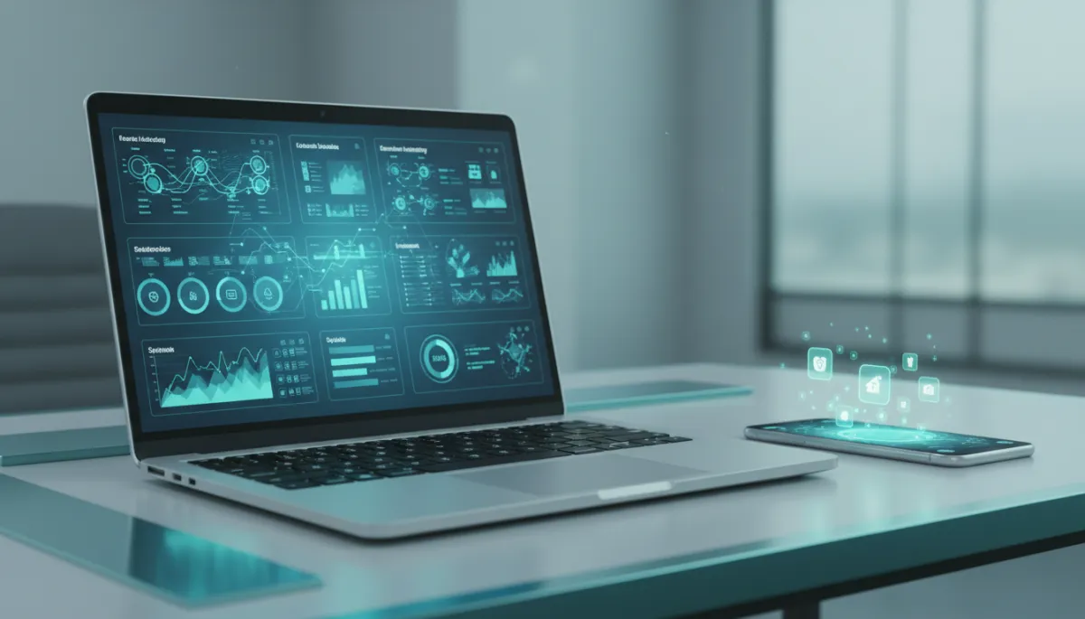 Laptop displaying detailed business automation dashboards with smart technology notifications