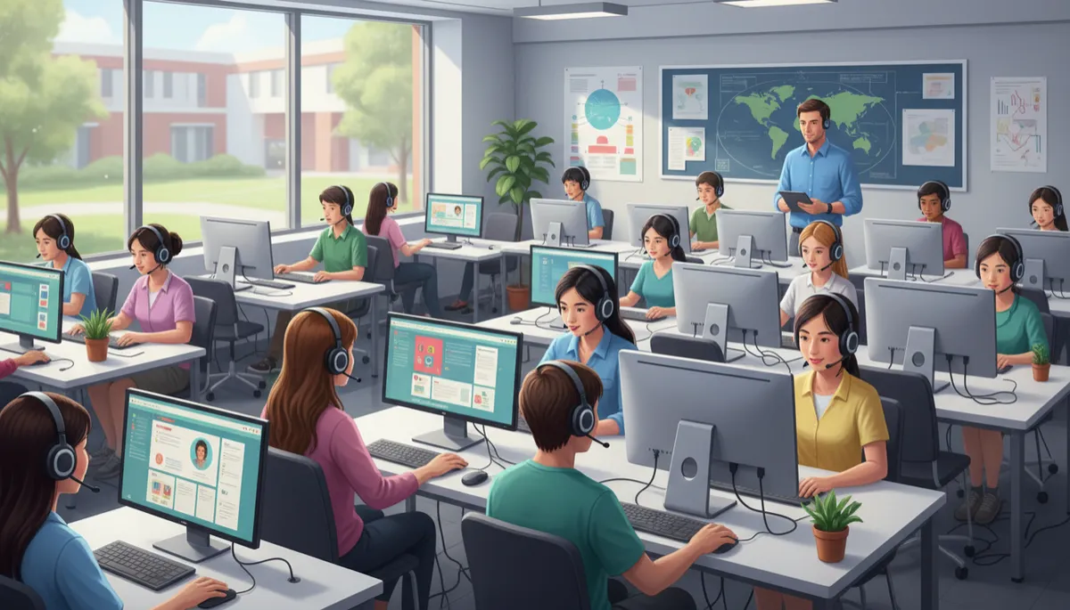 A photorealistic image of a modern classroom filled with a diverse group of high school students, representing various ethnic backgrounds, seated at individual desks with sleek computers. Each student wears a professional headset, focused on their screens as they interact with advanced language lab software. The classroom is bright and well-lit, with large windows letting in natural light. In the background, a teacher in business-casual attire attentively monitors the students' progress from a standing position, holding a tablet. The room features contemporary decor, organized cables, and educational posters, conveying a clean, professional, and realistic learning environment.