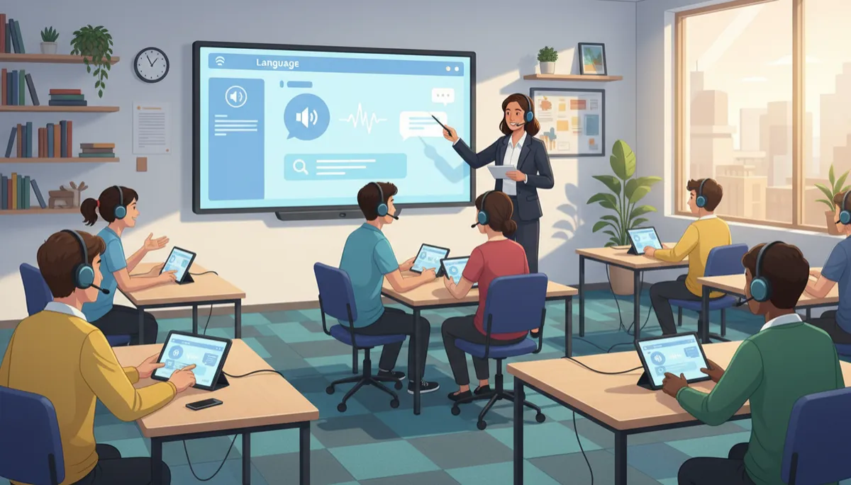 A modern classroom with an interactive flat panel at the front. A teacher stands beside the panel leading a language lab session, while students in diverse small groups use tablets and headsets at their desks, visibly engaged in a speaking and listening exercise. The environment is bright and collaborative, with clear focus on interaction and technology use.