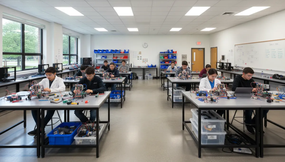 more of a school lab with simple robotics kits. Style: Professional quality, photorealistic, high resolution more of a school lab with simple robotics kits. Style: Professional quality, photorealistic, high resolution